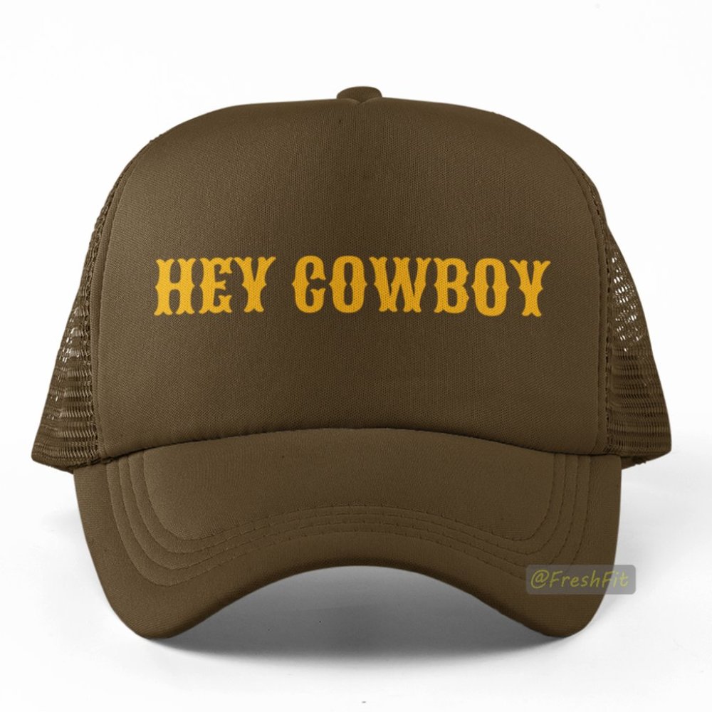 🆕Hey Cowboy Foam Trucker Hat Mesh Snapback Cap Brown